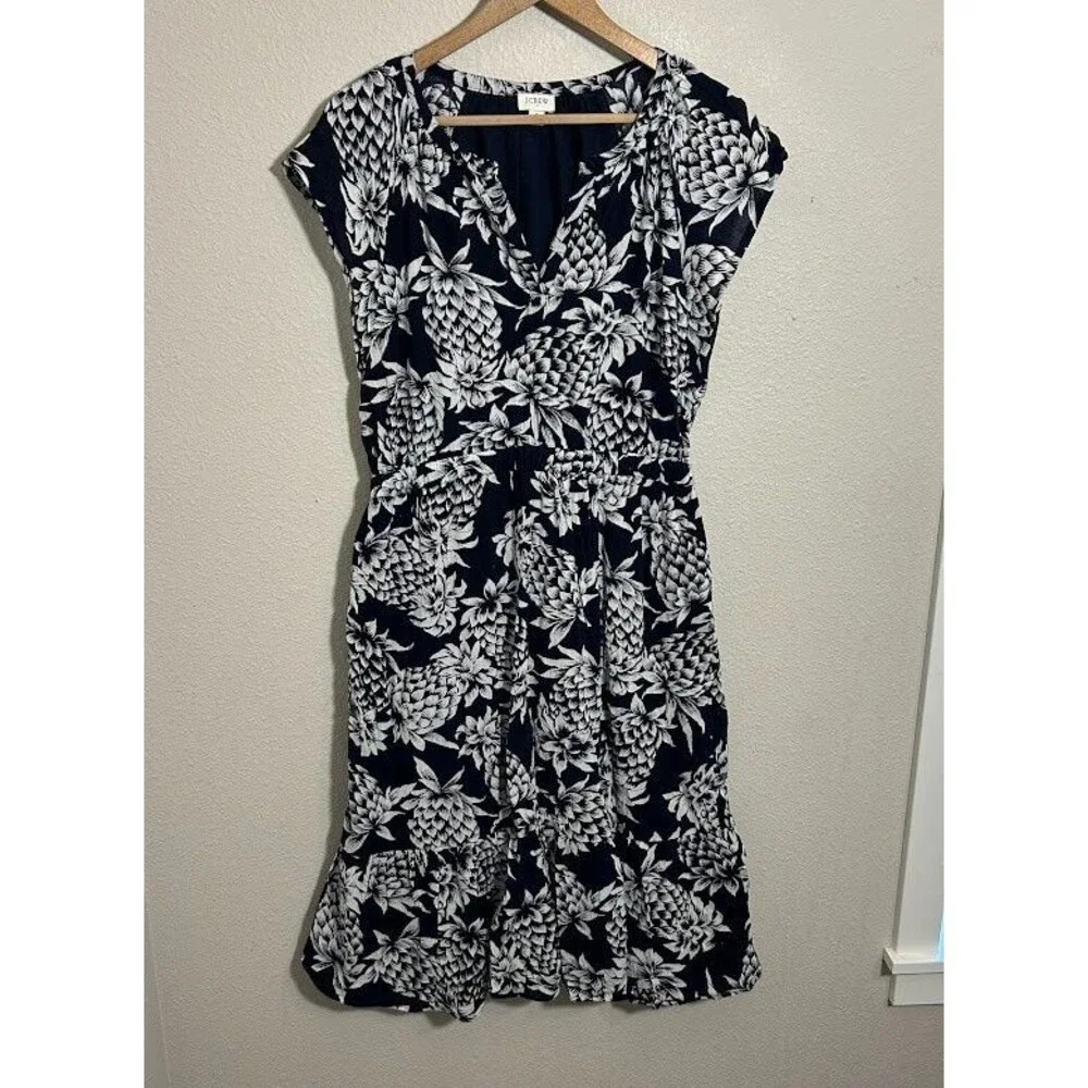 J.Crew Pineapple Print Cotton Midi Dress 6 Navy Blue Tiered Ruffle Vacation
